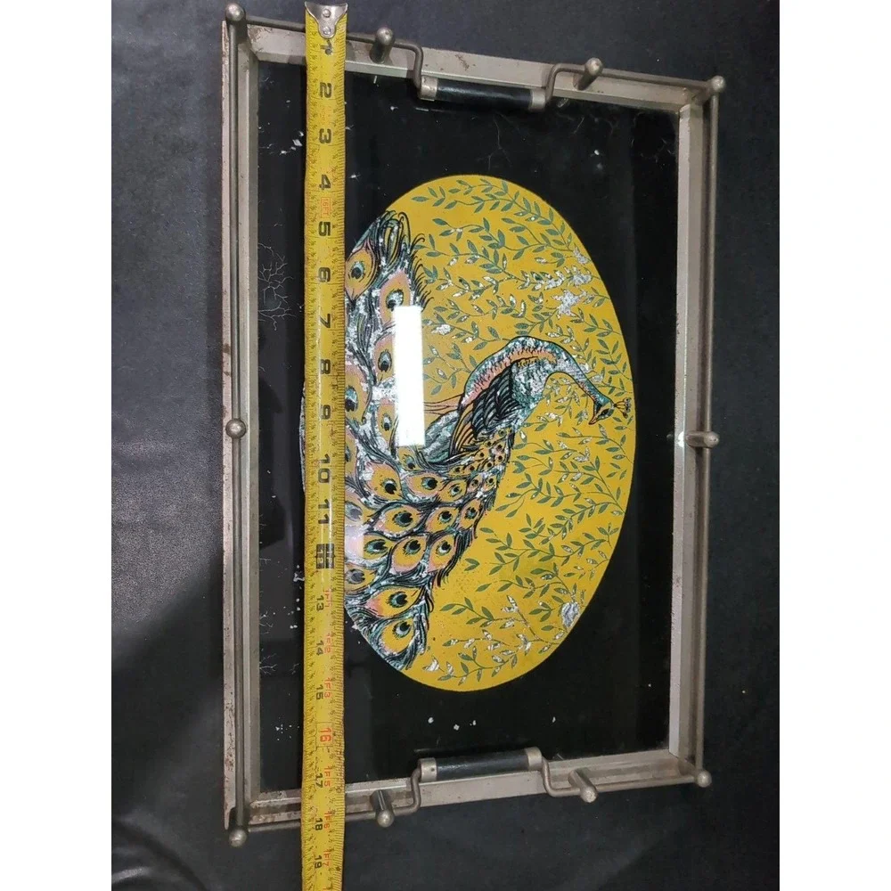 Peacock Serving Tray with Gold Foil Backing, Vintage Reverse Painted Carrier - Picture 10 of 10